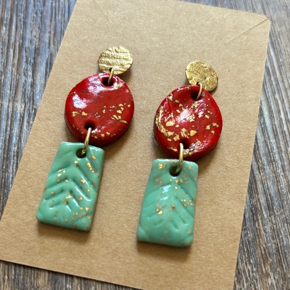 Handmade Red and Turquoise Polymer Clay Drop Earrings with Gold Accents - Picture 2 of 4